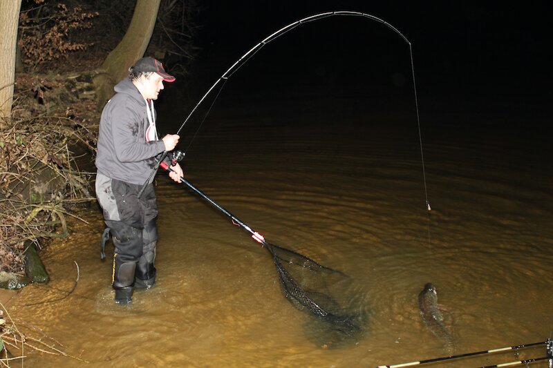 Ein Angler steht im Dunkelt im Wasser mit einer Angelrute und einem Unterfangkescher. Ein Hecht ist am Haken.