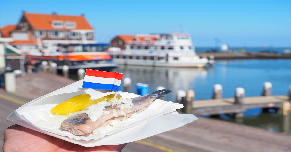 Matjesfilet in der Nahaufnahme mit einer Holland-Fahne. Im Hintergrund ein Gewässer.
