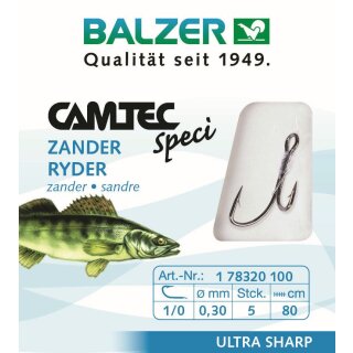 BALZER Camtec Zander Ryderhaken Gr.1 80cm 0,28mm Brüniert 5Stk.